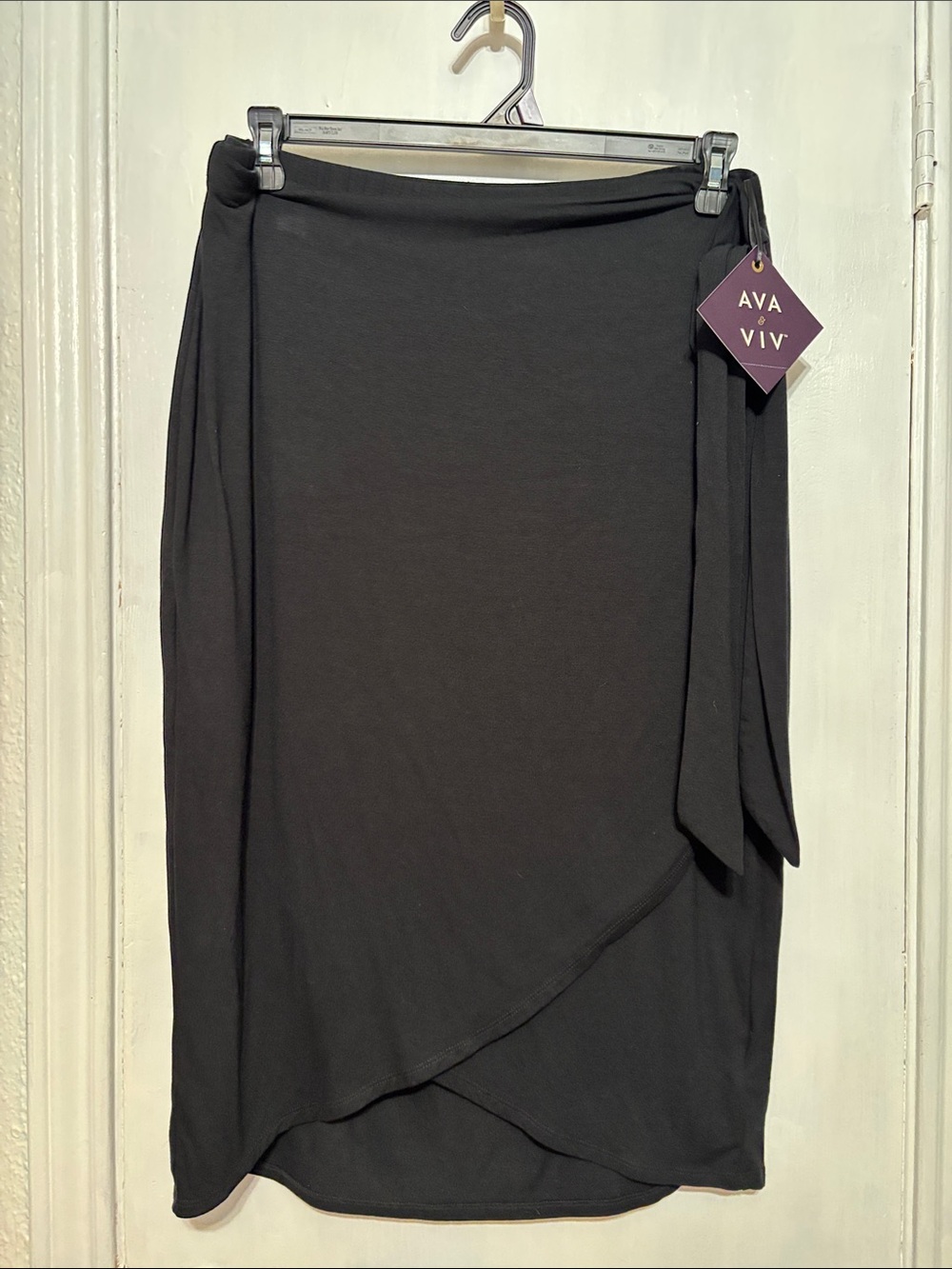 Ava & Viv Black Asymmetrical Faux Wrap Midi Skirt